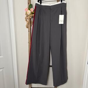 Zara Wide Leg Gray Red Stripe Side Dress Pants Size Large NWT